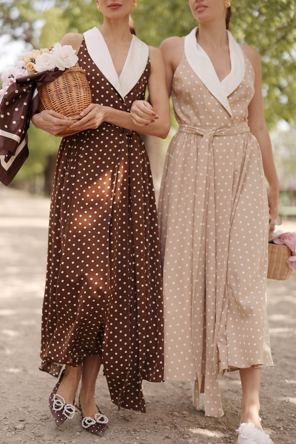 Women's Brown Polka Dot Wrap Dress – Tuxedo Style, Zipperless