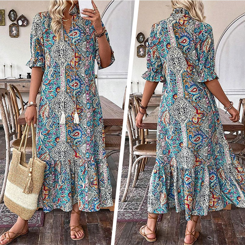 Women's Boho Paisley Dress – V-Neck Pom Pom Tie Summer Dress, 3 Colours
