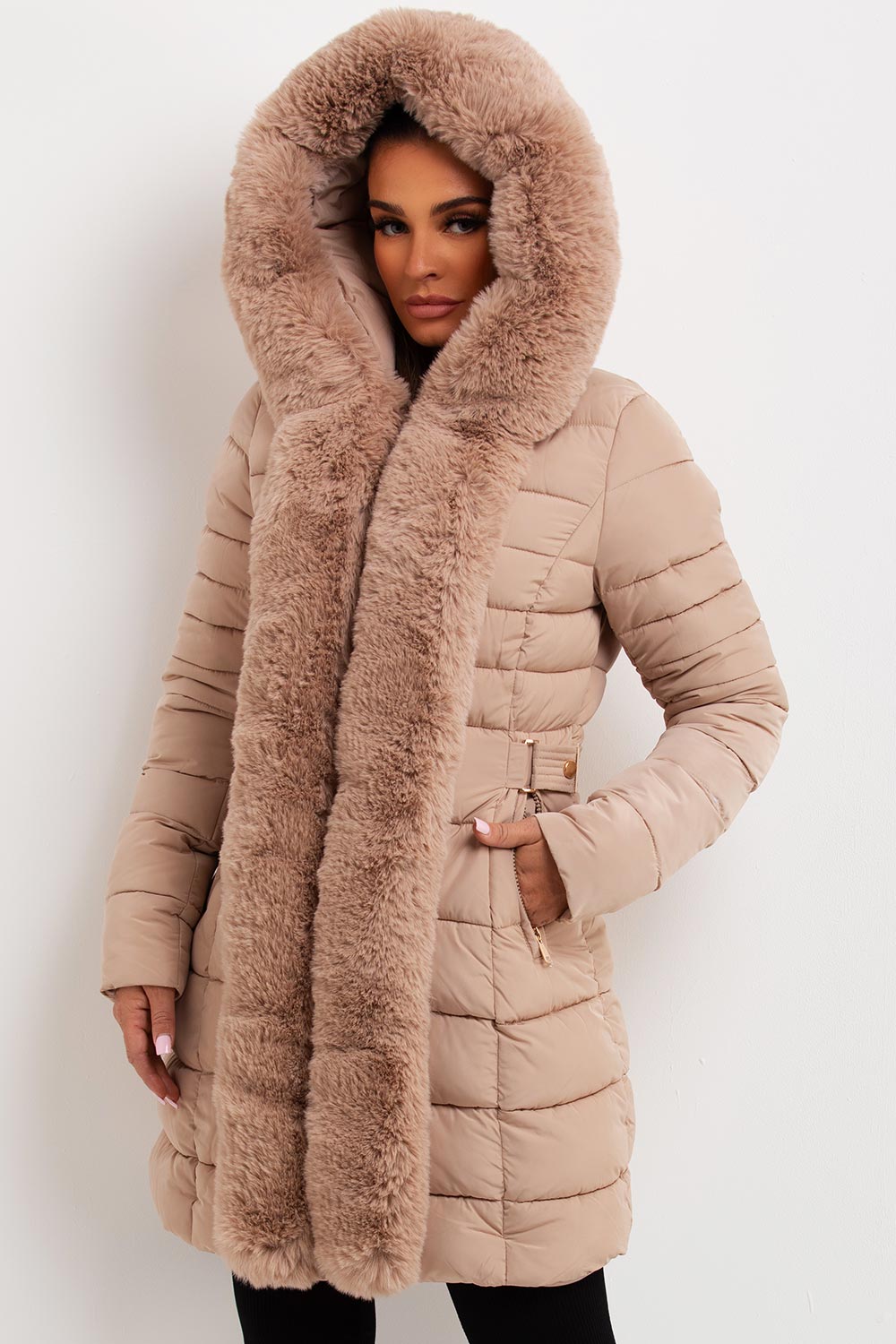 Women's Beige Long Puffer Coat – Belted, Detachable Faux Fur Hood