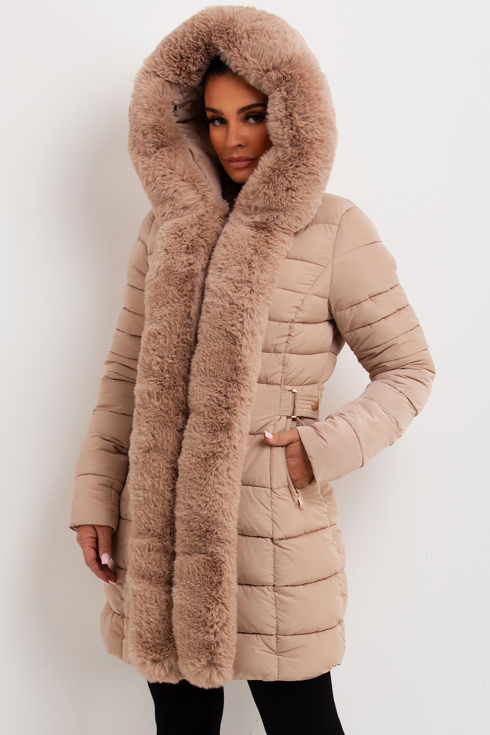 Women's Beige Long Puffer Coat – Belted, Detachable Faux Fur Hood