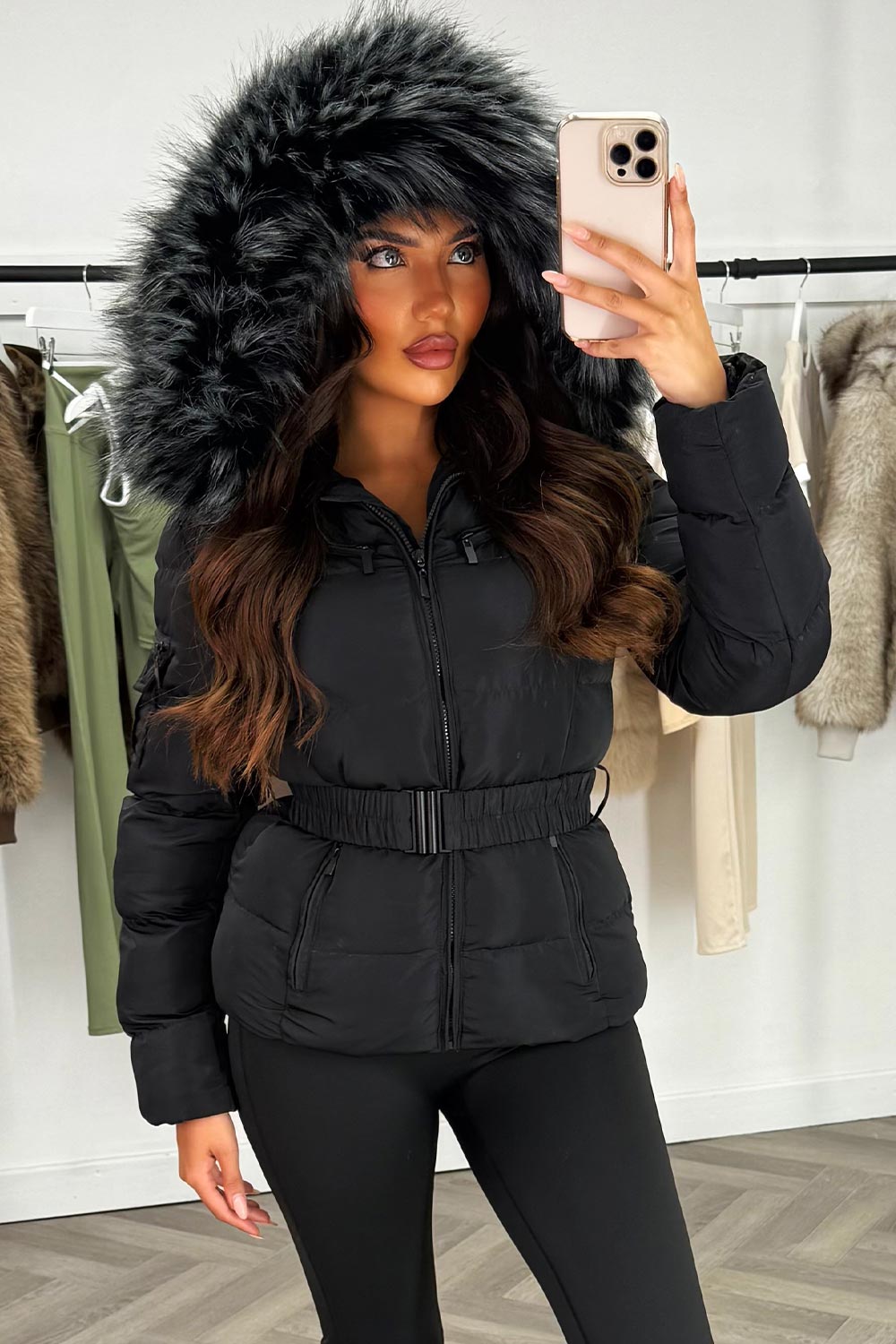Women's Black Belted Puffer Coat – Quilted, Detachable Faux Fur Hood