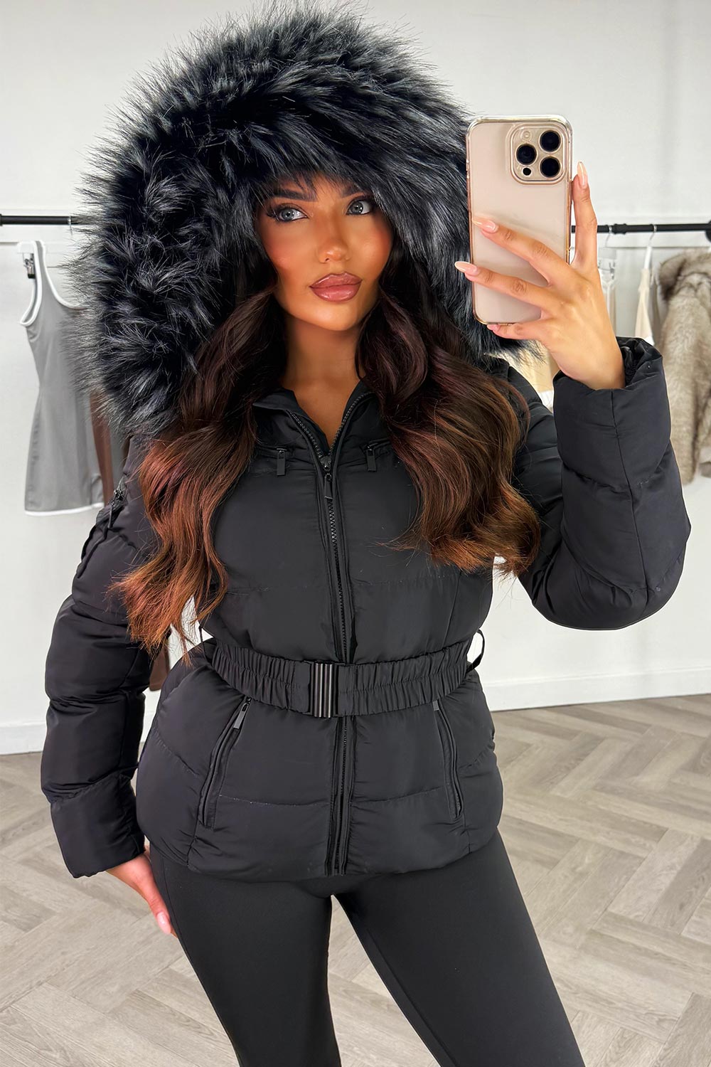 Women's Black Belted Puffer Coat – Quilted, Detachable Faux Fur Hood