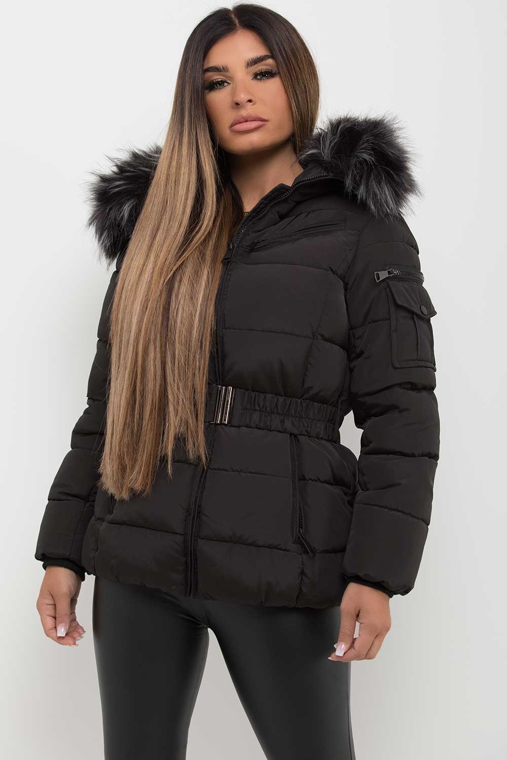 Women's Black Belted Puffer Coat – Quilted, Detachable Faux Fur Hood