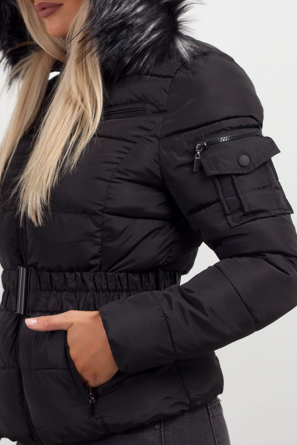 Women's Black Belted Puffer Coat – Quilted, Detachable Faux Fur Hood
