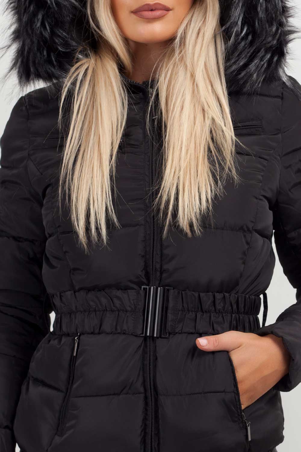 Women's Black Belted Puffer Coat – Quilted, Detachable Faux Fur Hood