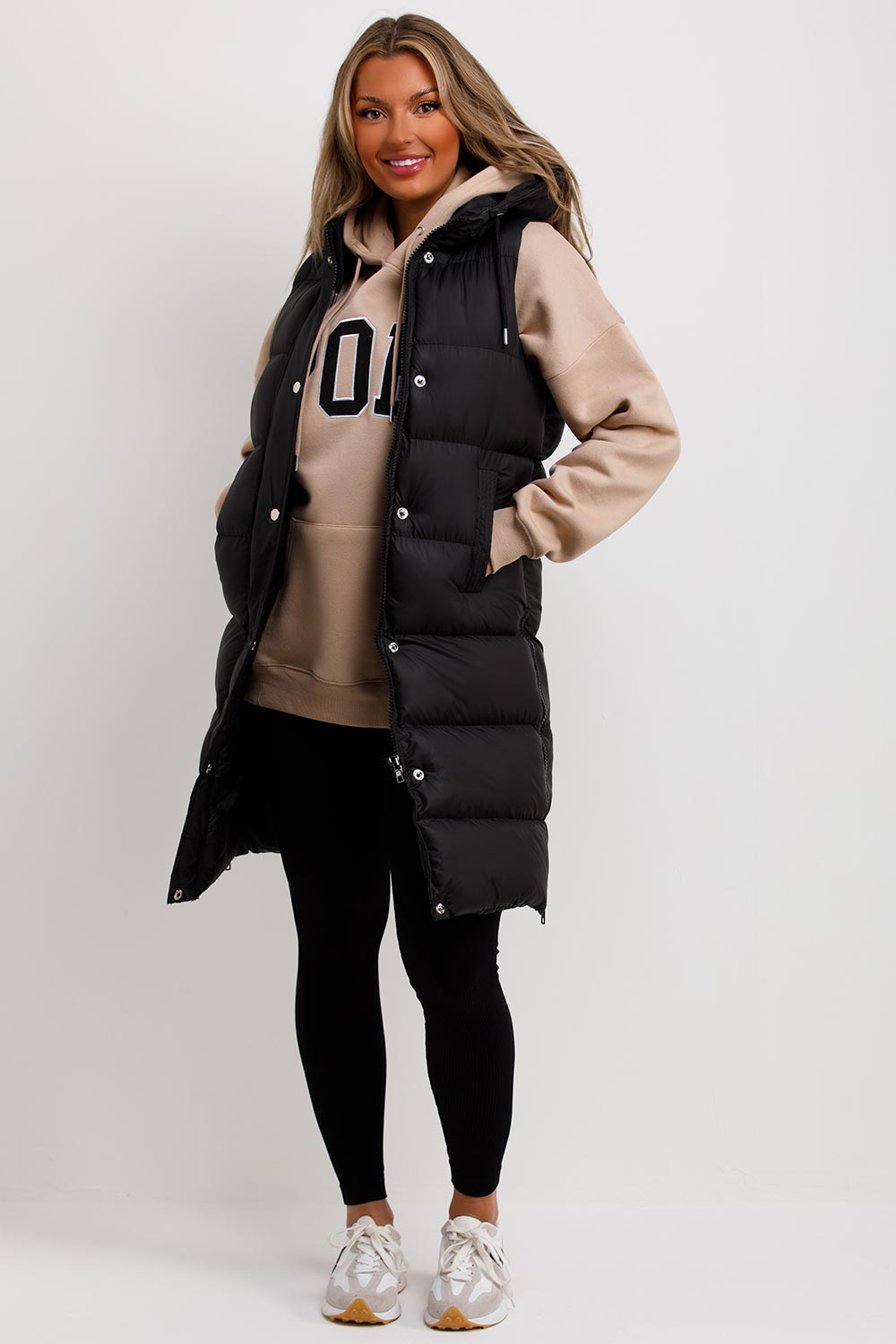 Women's Black Padded Longline Gilet – Hooded Sleeveless Puffer Body Warmer