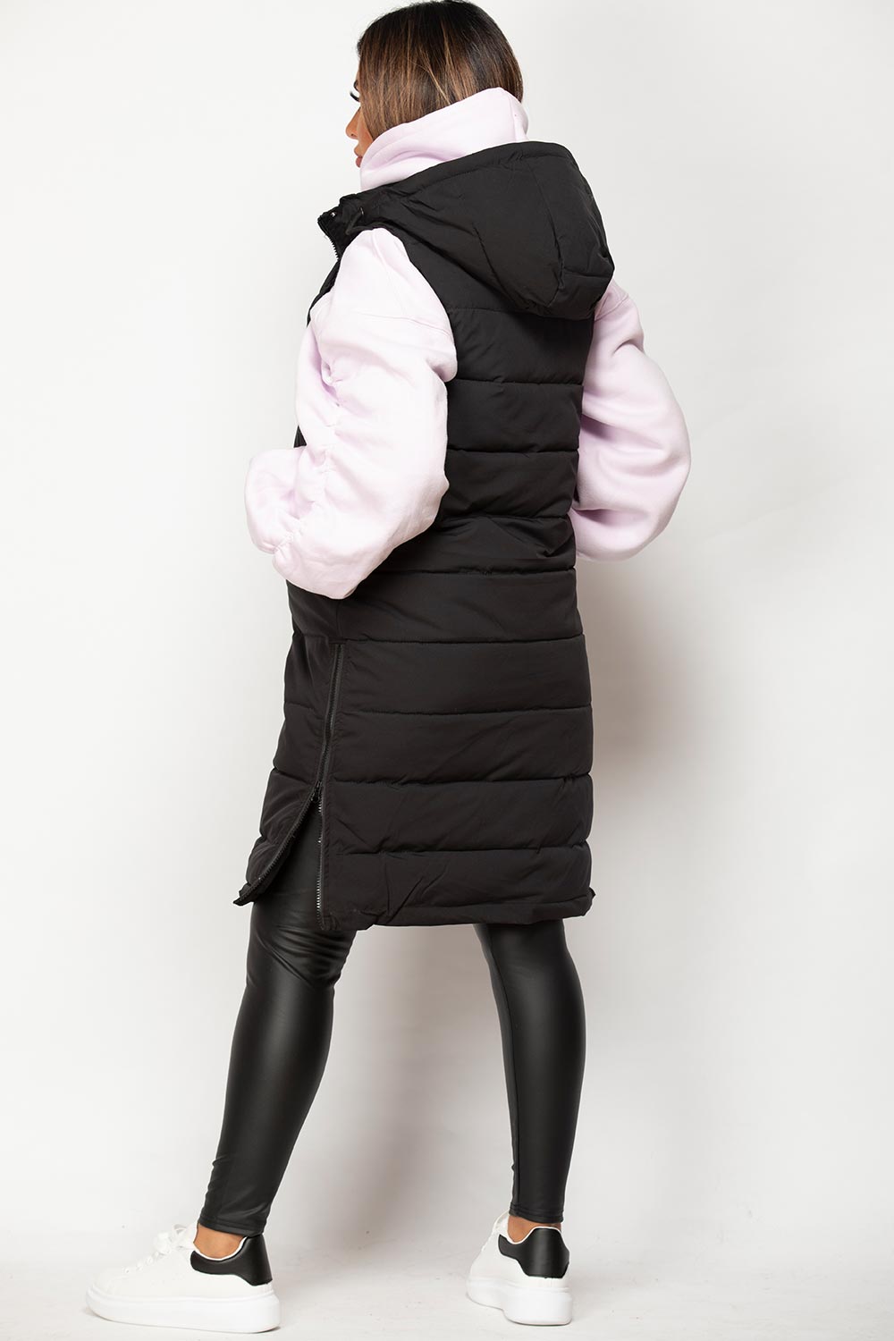 Women's Black Padded Longline Gilet – Hooded Sleeveless Puffer Body Warmer