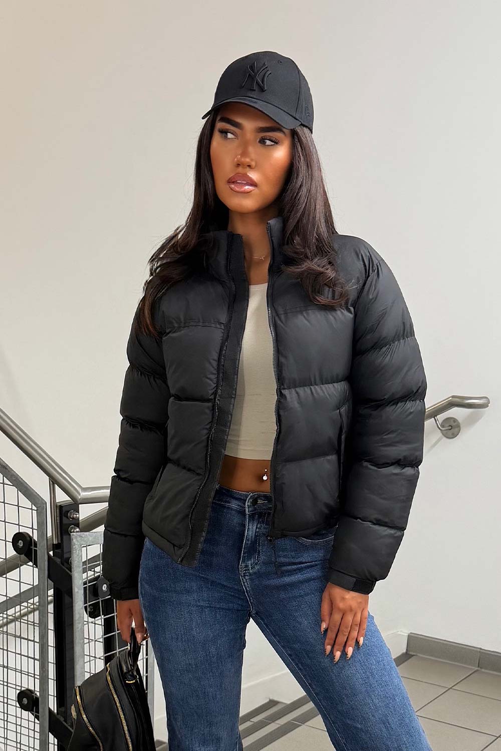 Women's Black Puffer Jacket – Quilted Padded Jacket with Concealed Hood