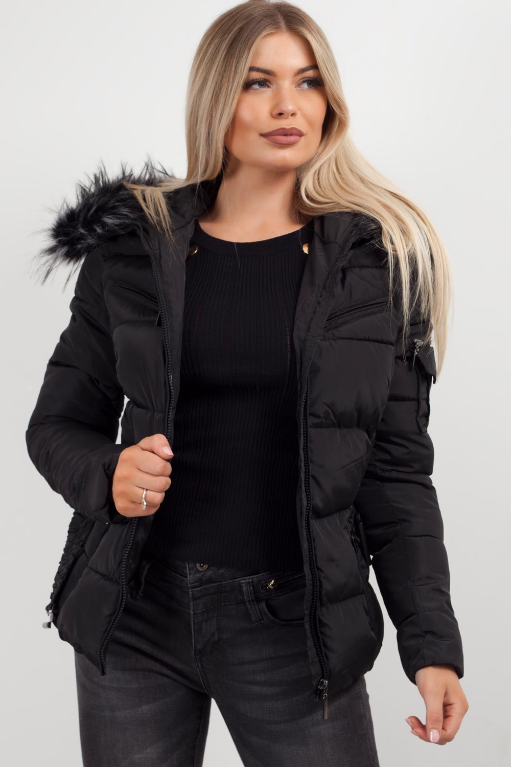 Women's Black Belted Puffer Coat – Quilted, Detachable Faux Fur Hood