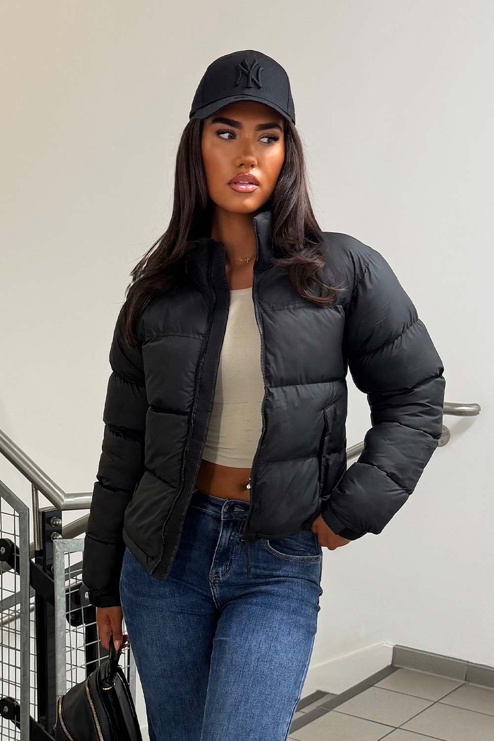 Women's Black Puffer Jacket – Quilted Padded Jacket with Concealed Hood