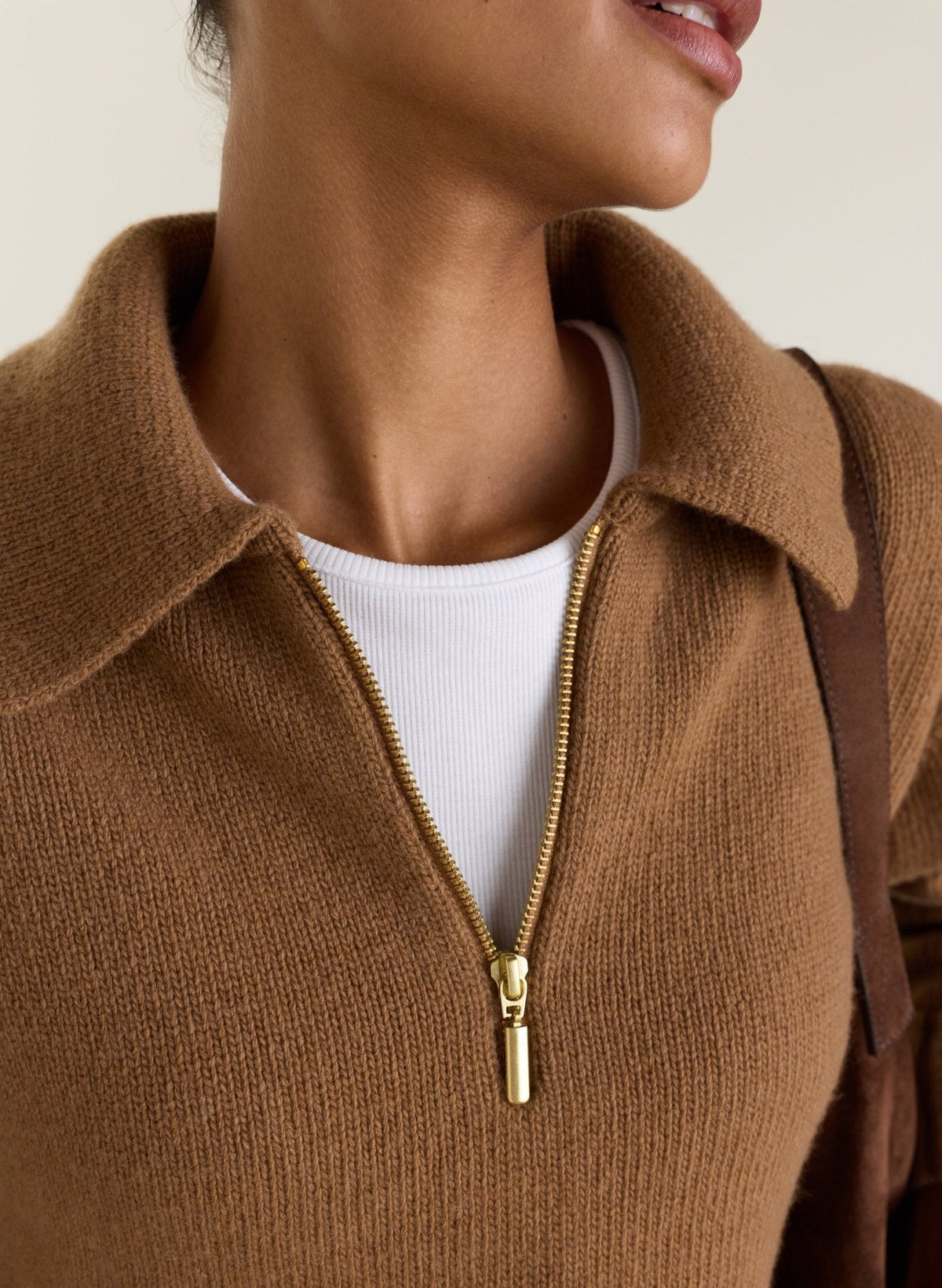 Women's Camel Quarter Zip Jumper – Collared Relaxed Knit
