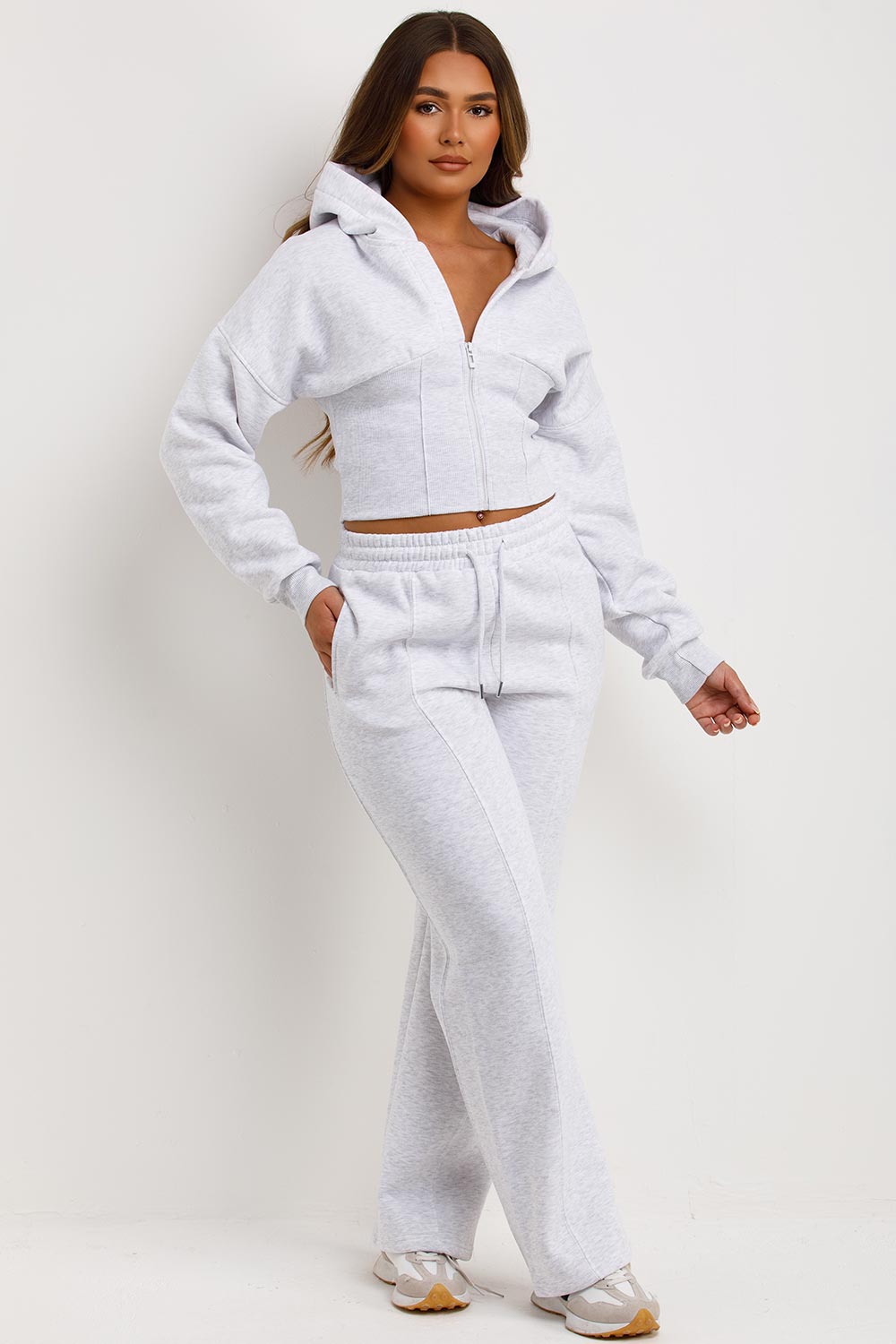 Women's Grey Marl Corset Hoodie & Joggers Set – Cropped Tracksuit Co-ord