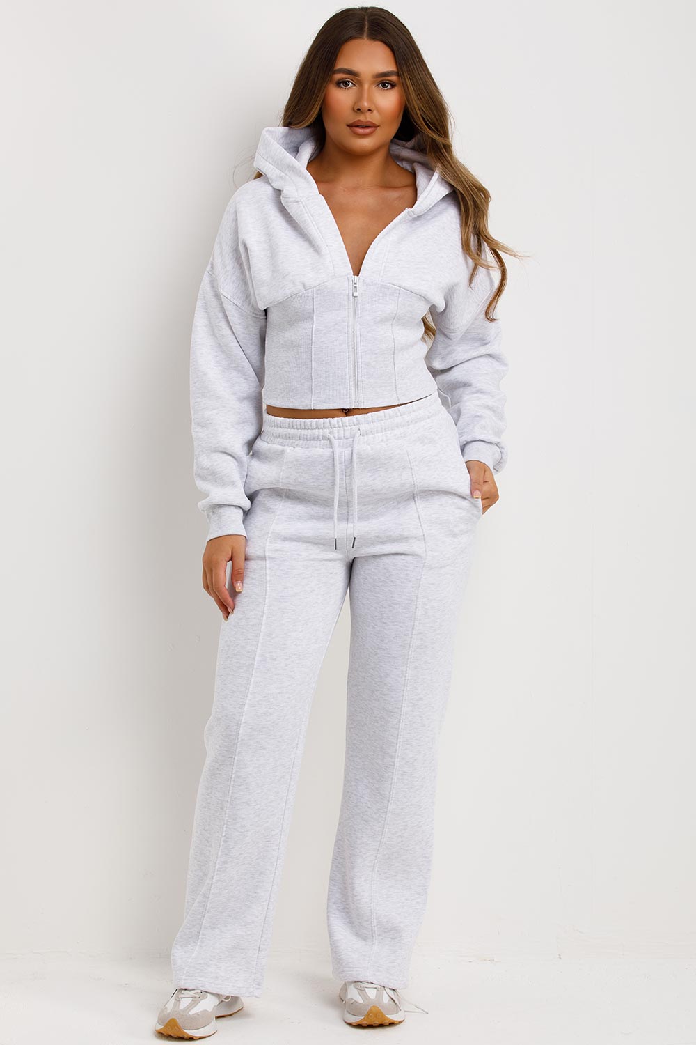 Women's Grey Marl Corset Hoodie & Joggers Set – Cropped Tracksuit Co-ord