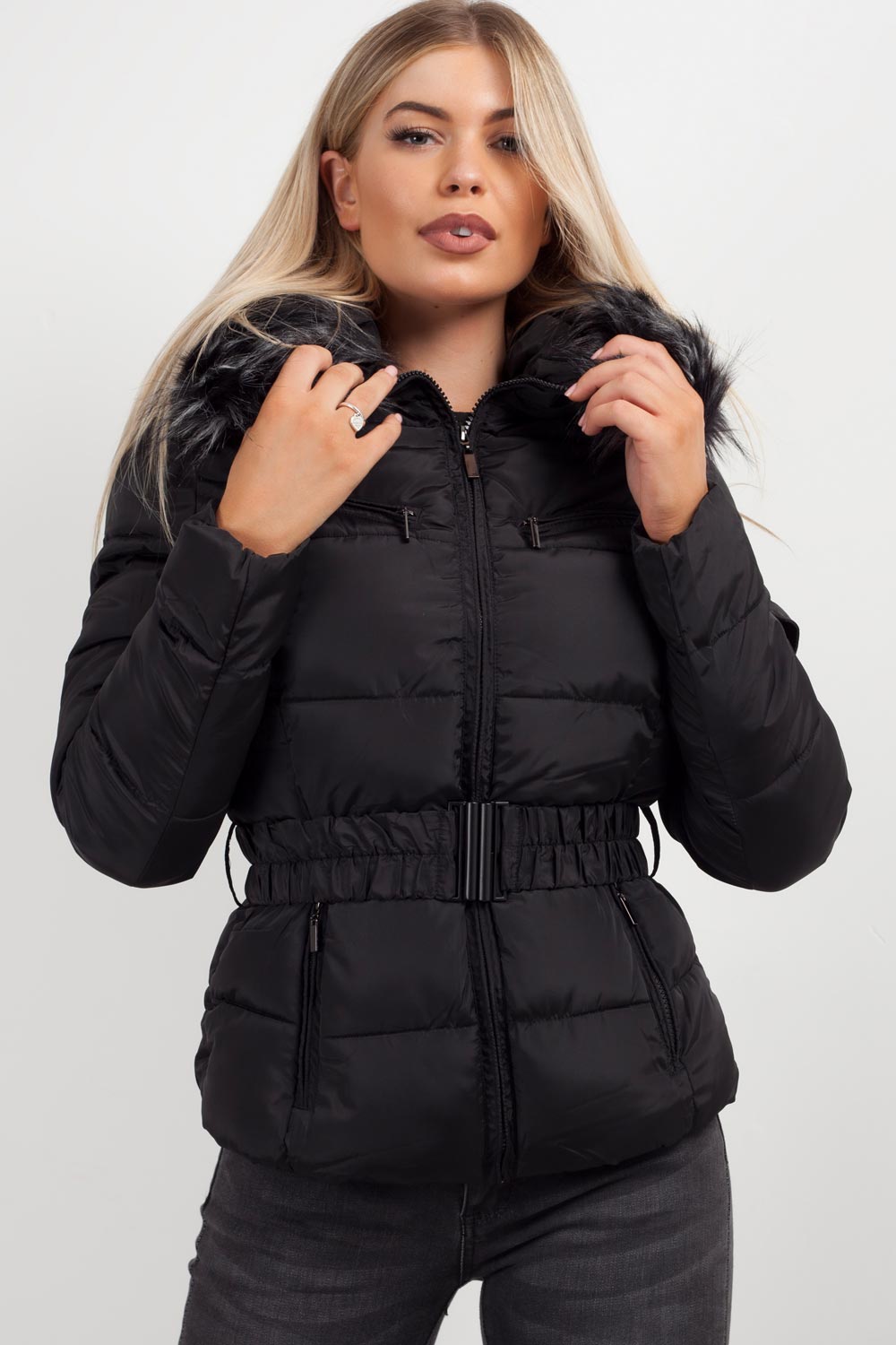 Women's Black Belted Puffer Coat – Quilted, Detachable Faux Fur Hood