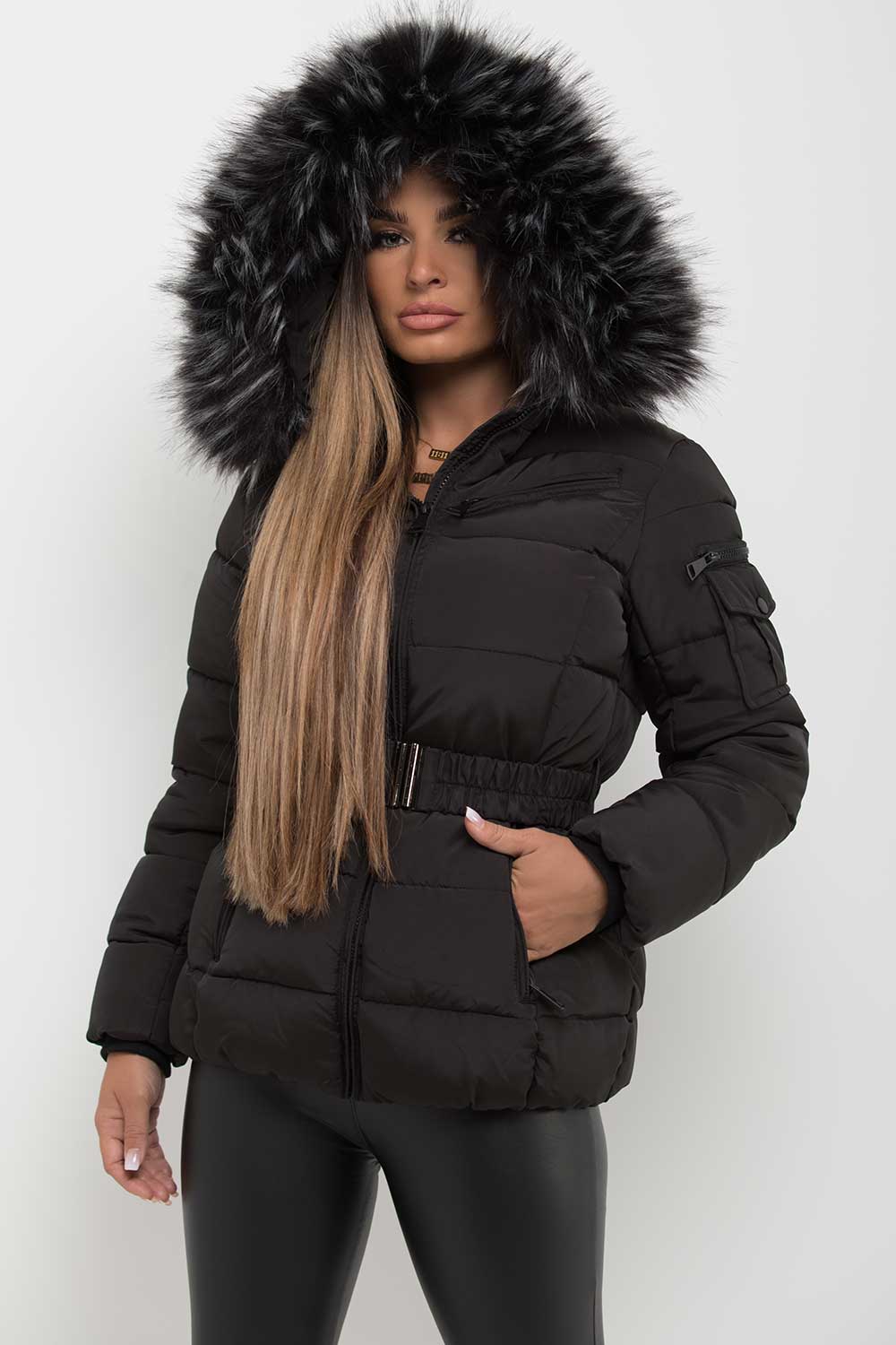 Women's Black Belted Puffer Coat – Quilted, Detachable Faux Fur Hood