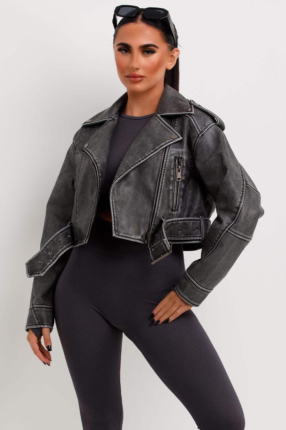 Women's Grey Faux Leather Jacket – Belted Cropped Lapel Jacket