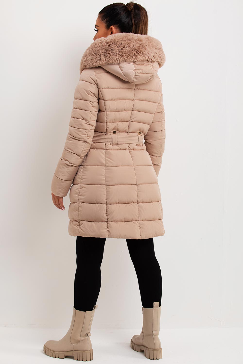 Women's Beige Long Puffer Coat – Belted, Detachable Faux Fur Hood