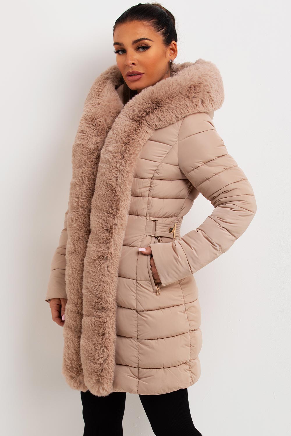 Women's Beige Long Puffer Coat – Belted, Detachable Faux Fur Hood