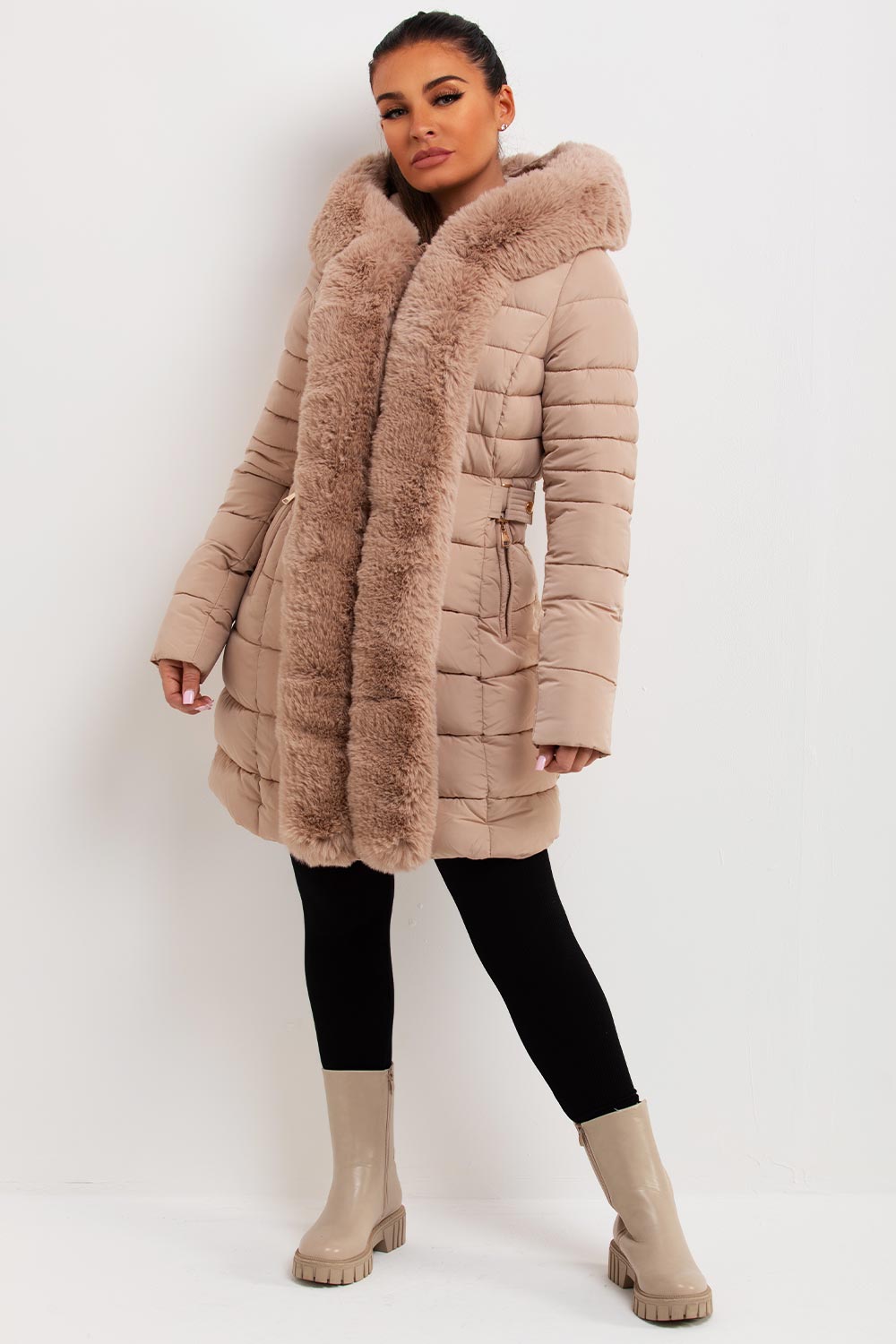 Women's Beige Long Puffer Coat – Belted, Detachable Faux Fur Hood