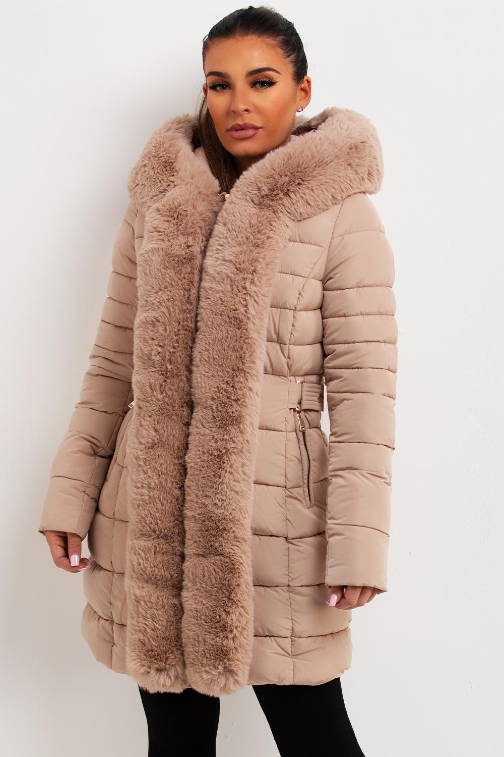 Women's Beige Long Puffer Coat – Belted, Detachable Faux Fur Hood