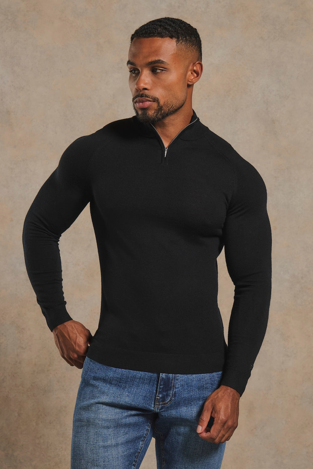 Men's Merino Wool-Blend Half-Zip Jumper – Extra Fine Knit in Black
