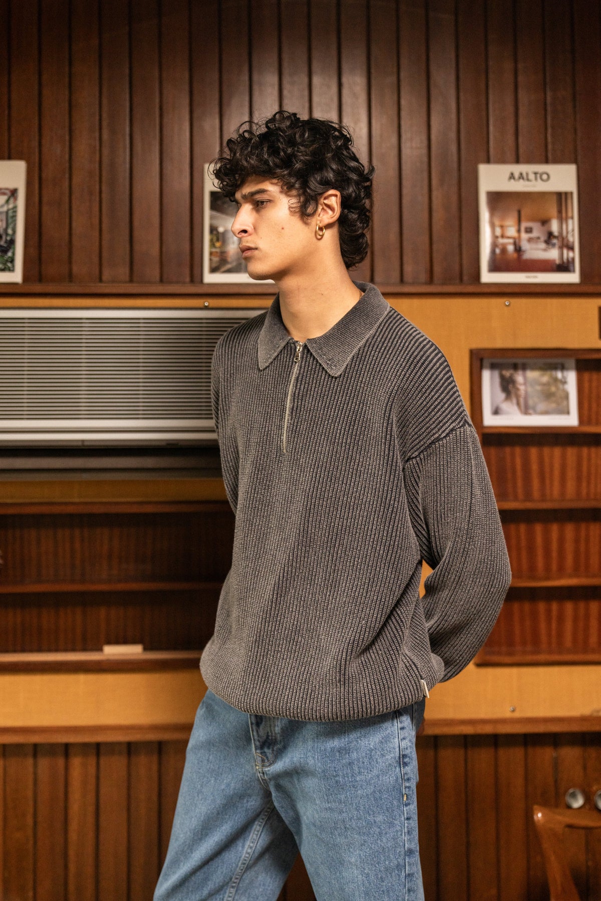 Men's Charcoal Acid Wash Half-Zip Knit Jumper – Collared Pullover