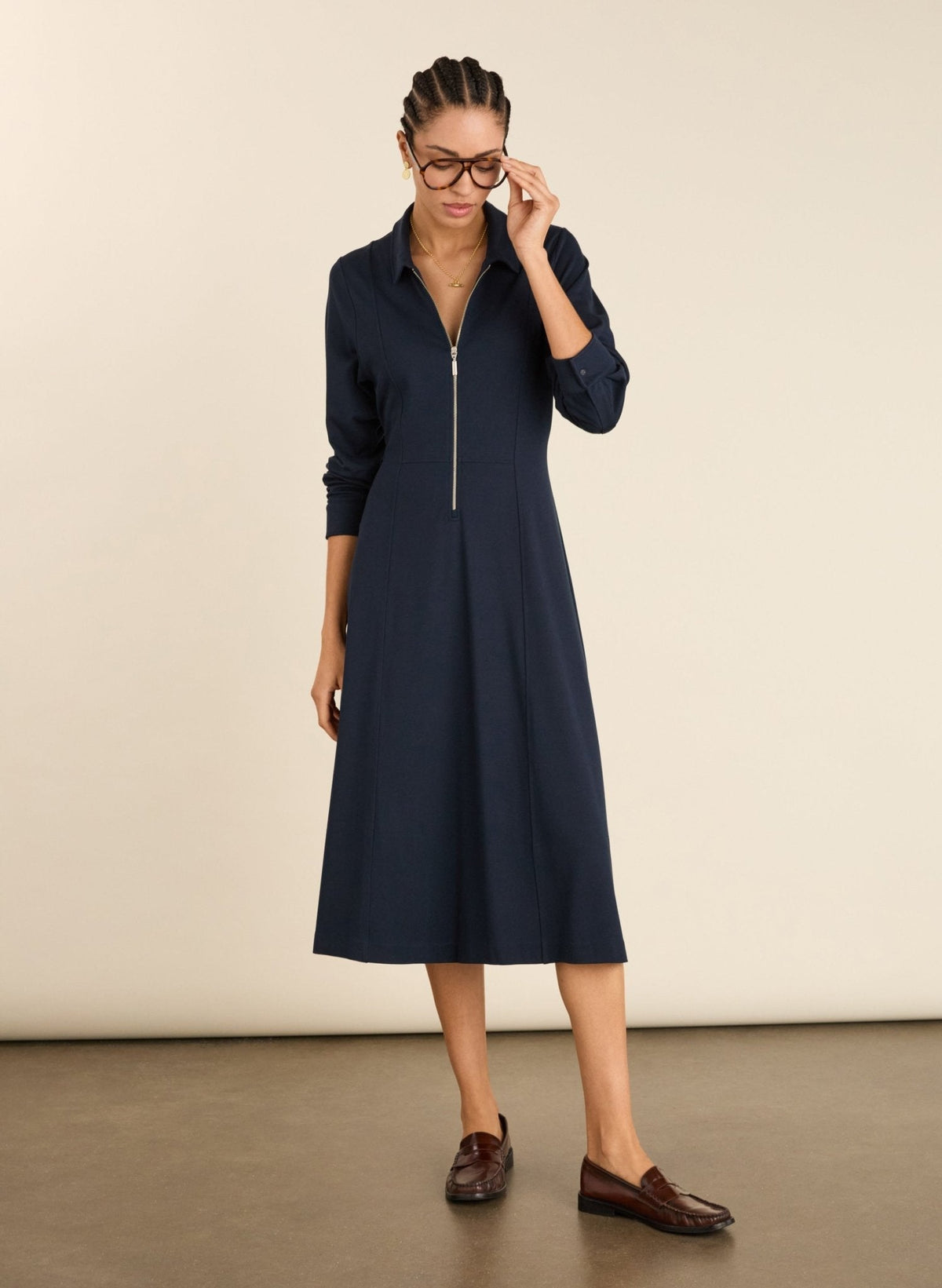 Women's Navy Ponte Midi Dress – Collared Fit and Flare Shirt Dress