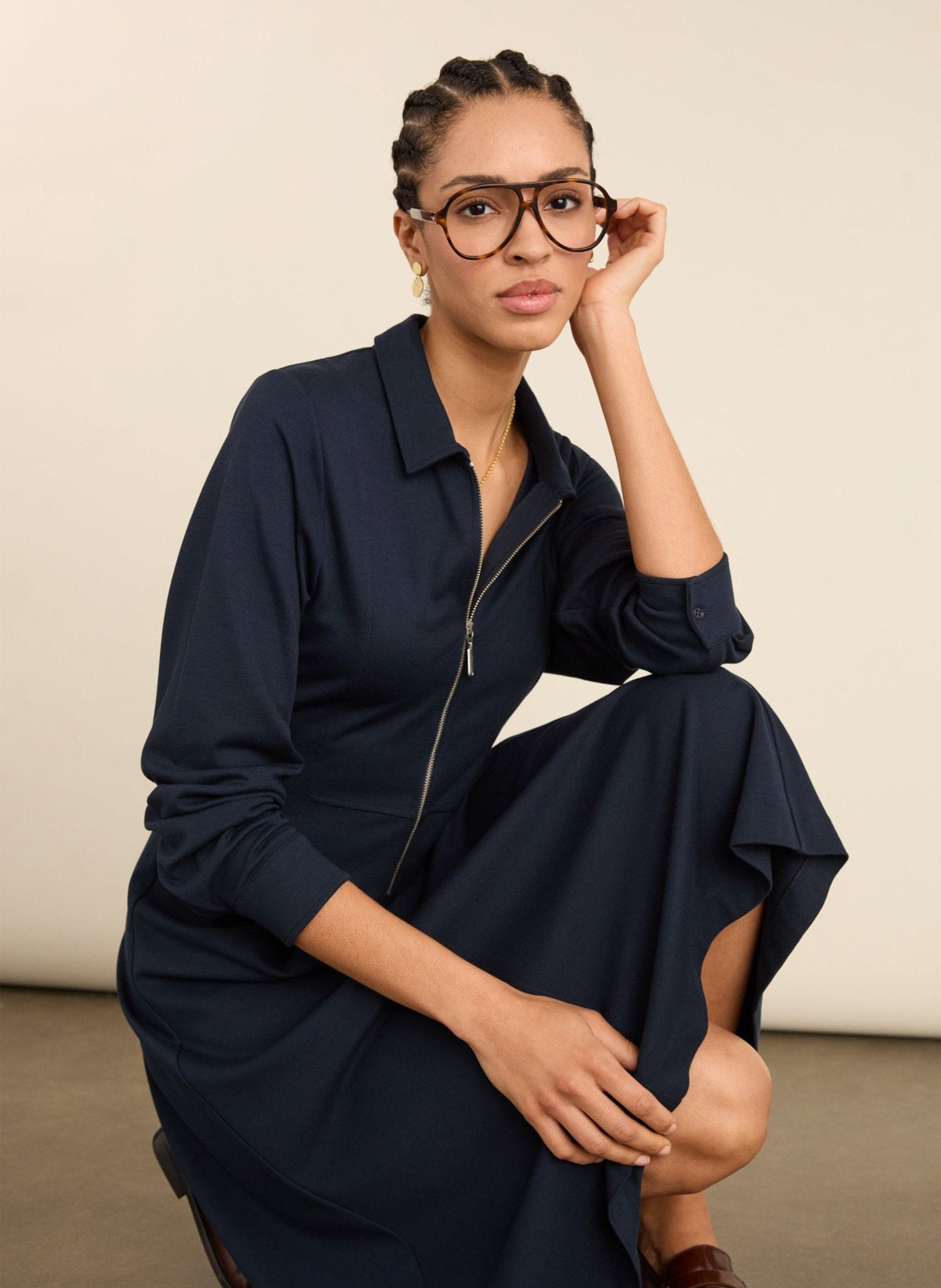 Women's Navy Ponte Midi Dress – Collared Fit and Flare Shirt Dress