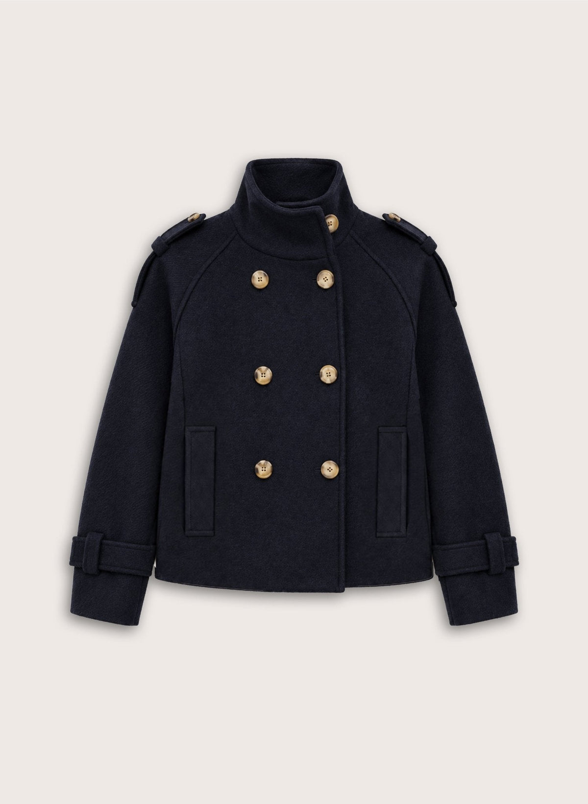 Women's Navy Short Coat – Hip-Length Button Front Melton Coat