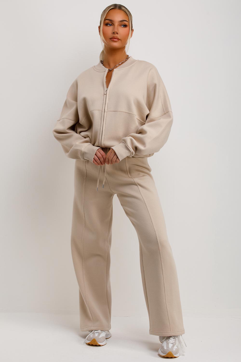 Women's Oatmeal Zip Bomber Sweatshirt & Joggers Set – Loungewear Co-ord