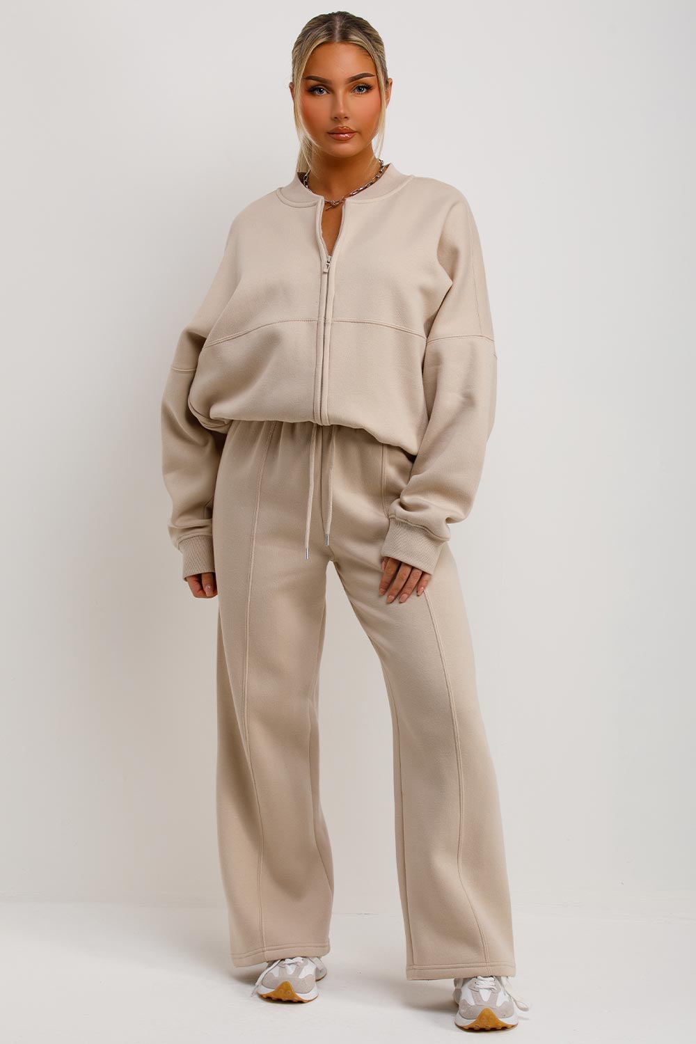 Women's Oatmeal Zip Bomber Sweatshirt & Joggers Set – Loungewear Co-ord