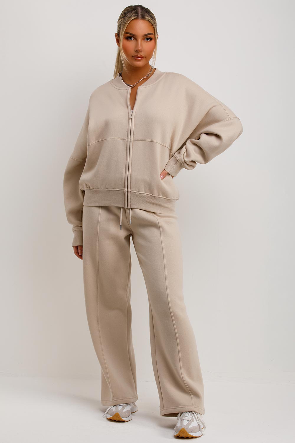 Women's Oatmeal Zip Bomber Sweatshirt & Joggers Set – Loungewear Co-ord