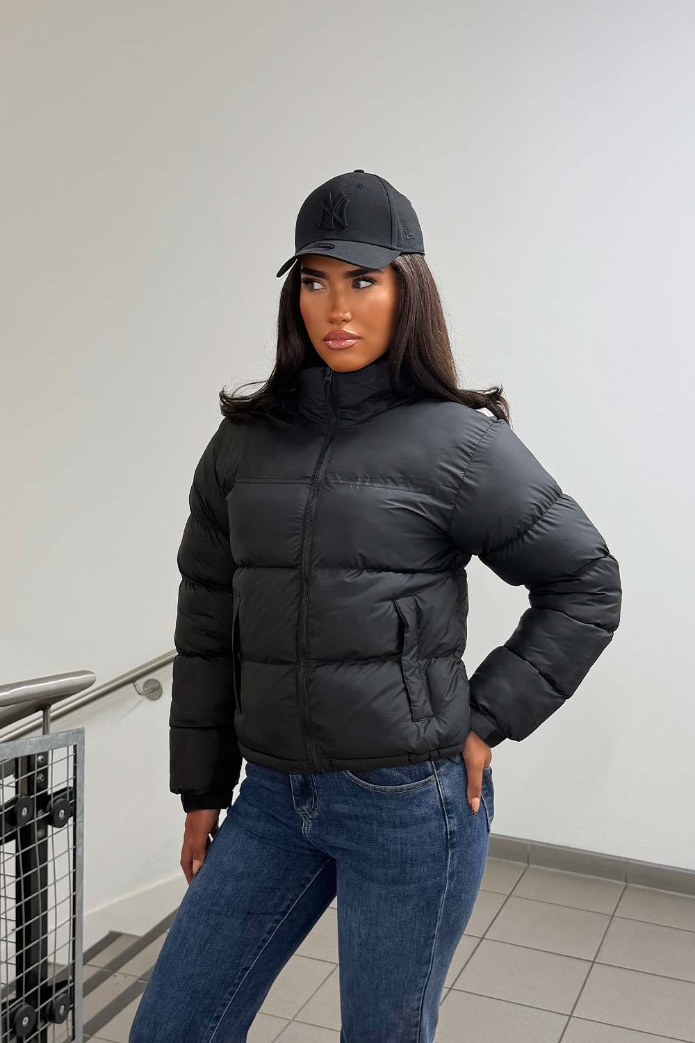 Women's Black Puffer Jacket – Quilted Padded Jacket with Concealed Hood