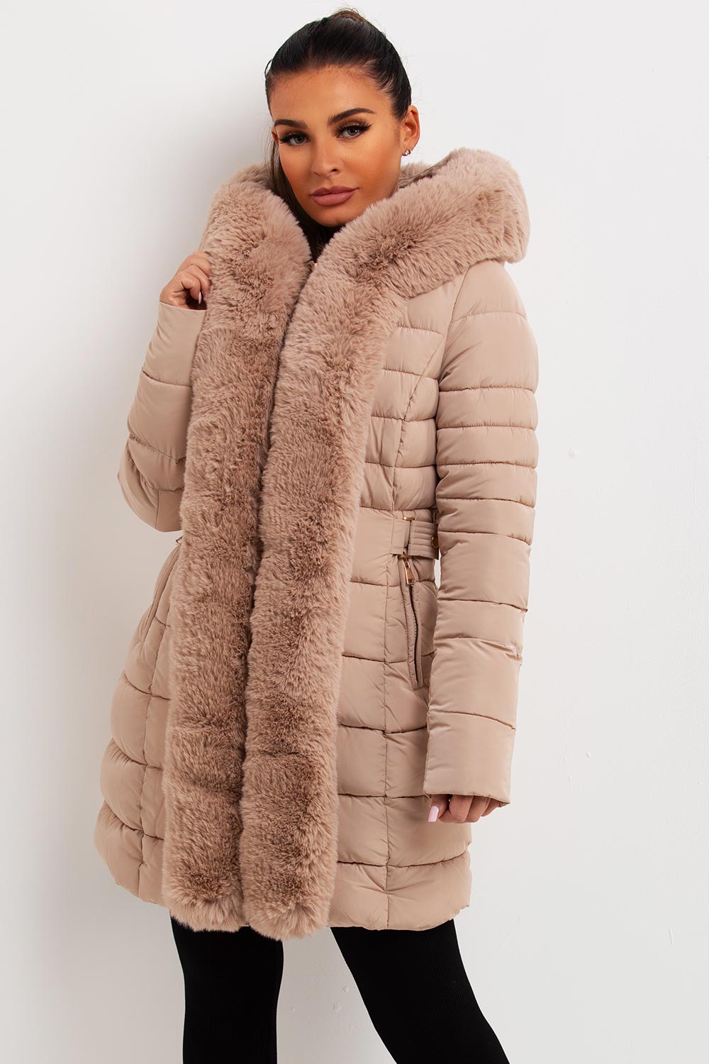 Women's Beige Long Puffer Coat – Belted, Detachable Faux Fur Hood