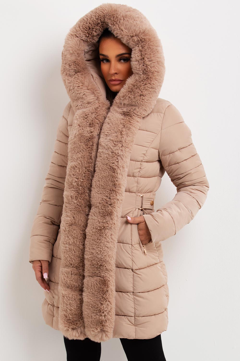 Women's Beige Long Puffer Coat – Belted, Detachable Faux Fur Hood