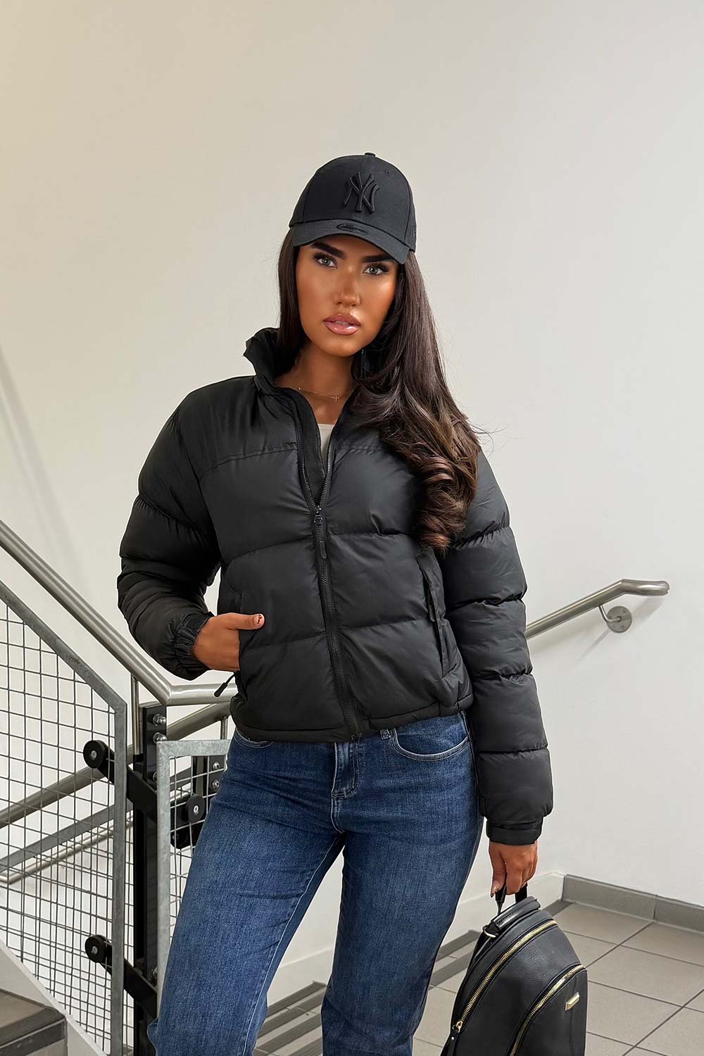 Women's Black Puffer Jacket – Quilted Padded Jacket with Concealed Hood