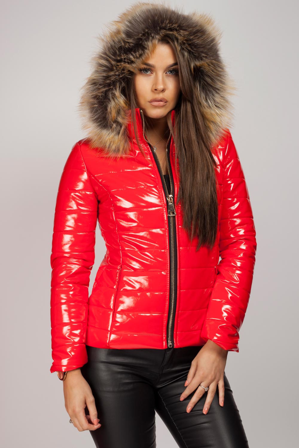 Women's Wet Look Puffer Coat – Shiny Padded Coat, Detachable Faux Fur Hood, 4 Colours