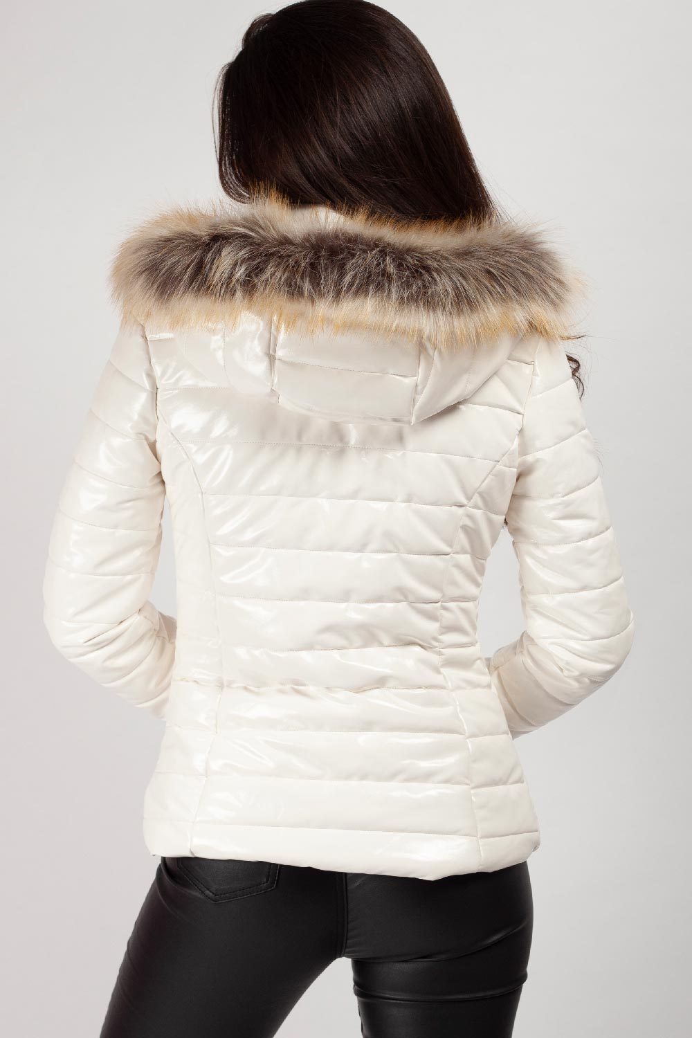 Women's Wet Look Puffer Coat – Shiny Padded Coat, Detachable Faux Fur Hood, 4 Colours