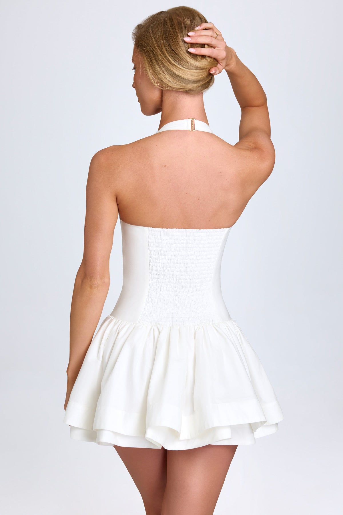 Women's White Halterneck Mini Dress – Ruched Fitted Summer Dress