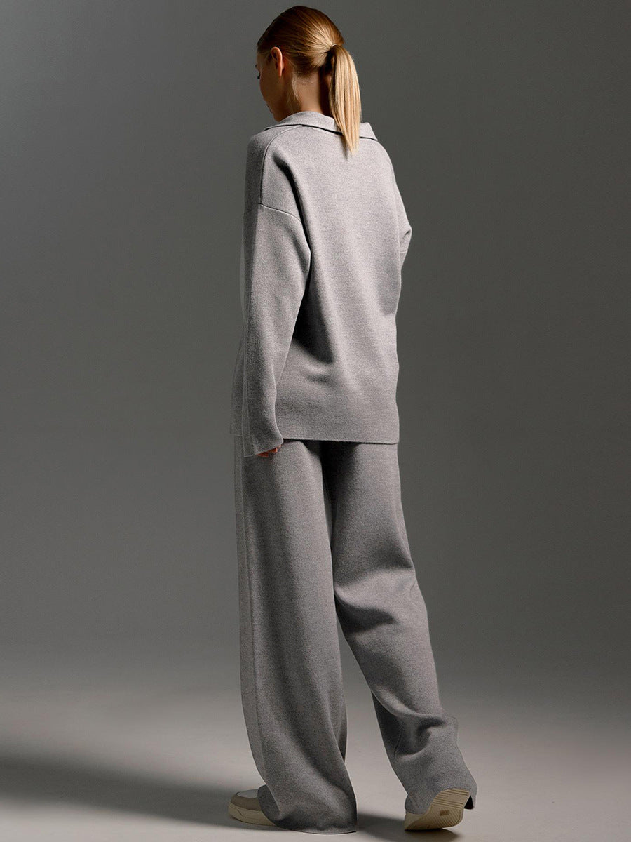 Women's Loungewear Set – Wide Leg Trousers & Polo Jumper, 5 Colours