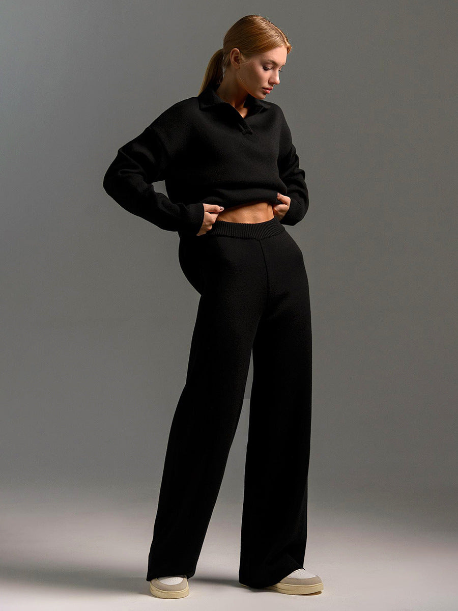 Women's Loungewear Set – Wide Leg Trousers & Polo Jumper, 5 Colours