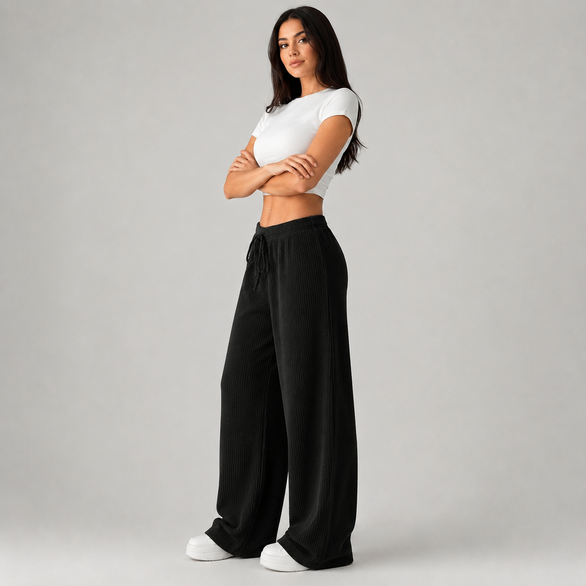 Women's Knitted Wide Leg Trousers – Ribbed Comfortable Fit, 4 Colours