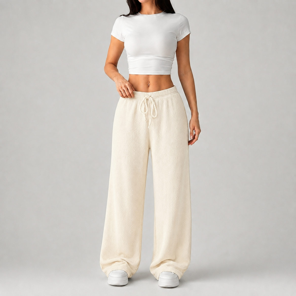 Women's Knitted Wide Leg Trousers – Ribbed Comfortable Fit, 4 Colours
