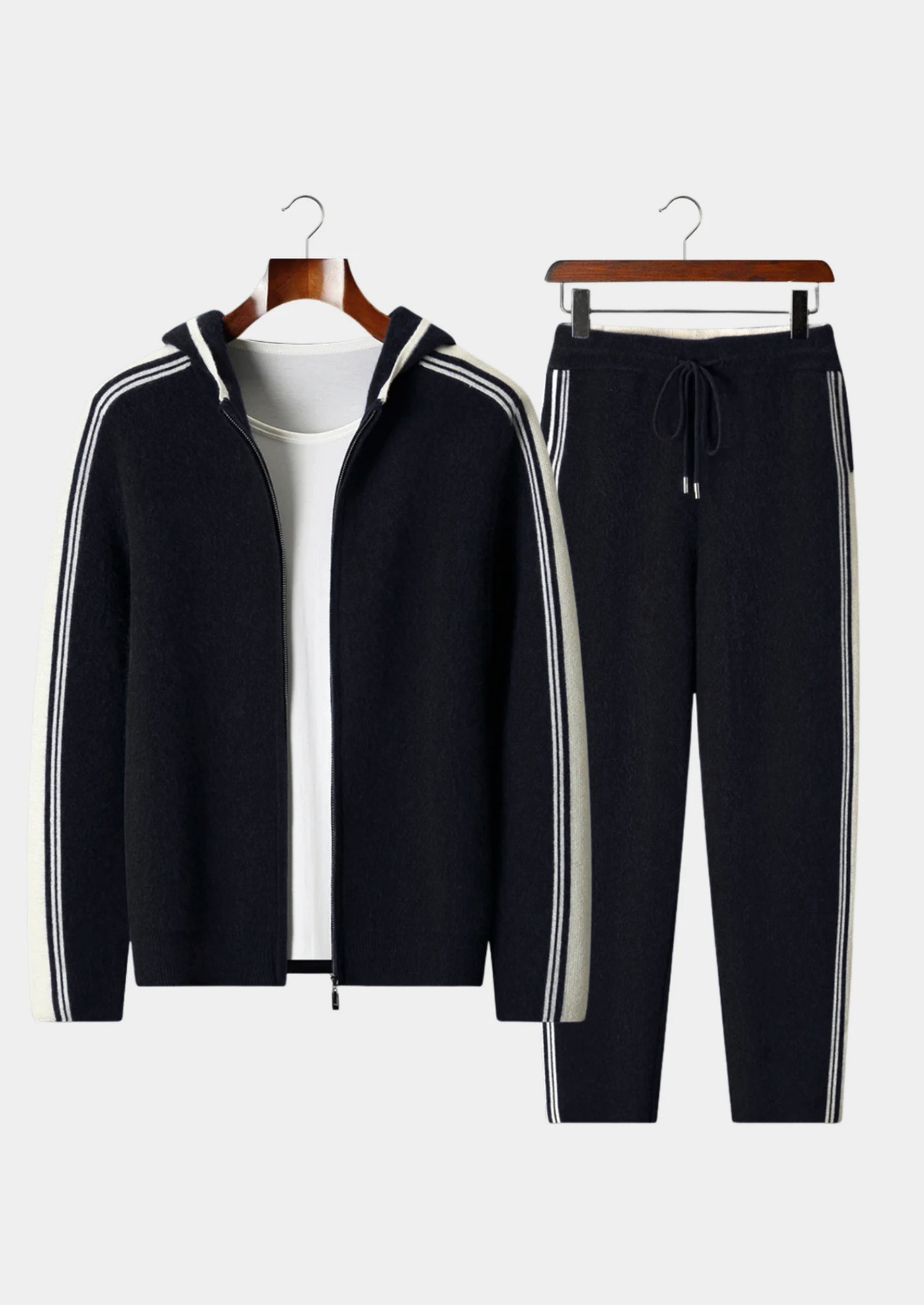 Men's Black Knit Hooded Zip Lounge Set – Zip Jacket & Trousers, Contrast Stripe