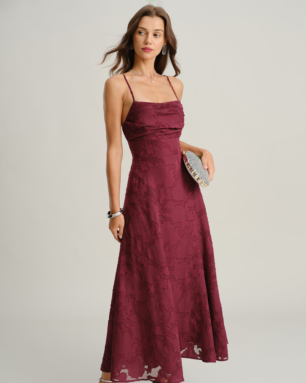 Women's Wine Red Jacquard Slip Maxi Dress – Elegant Evening Dress