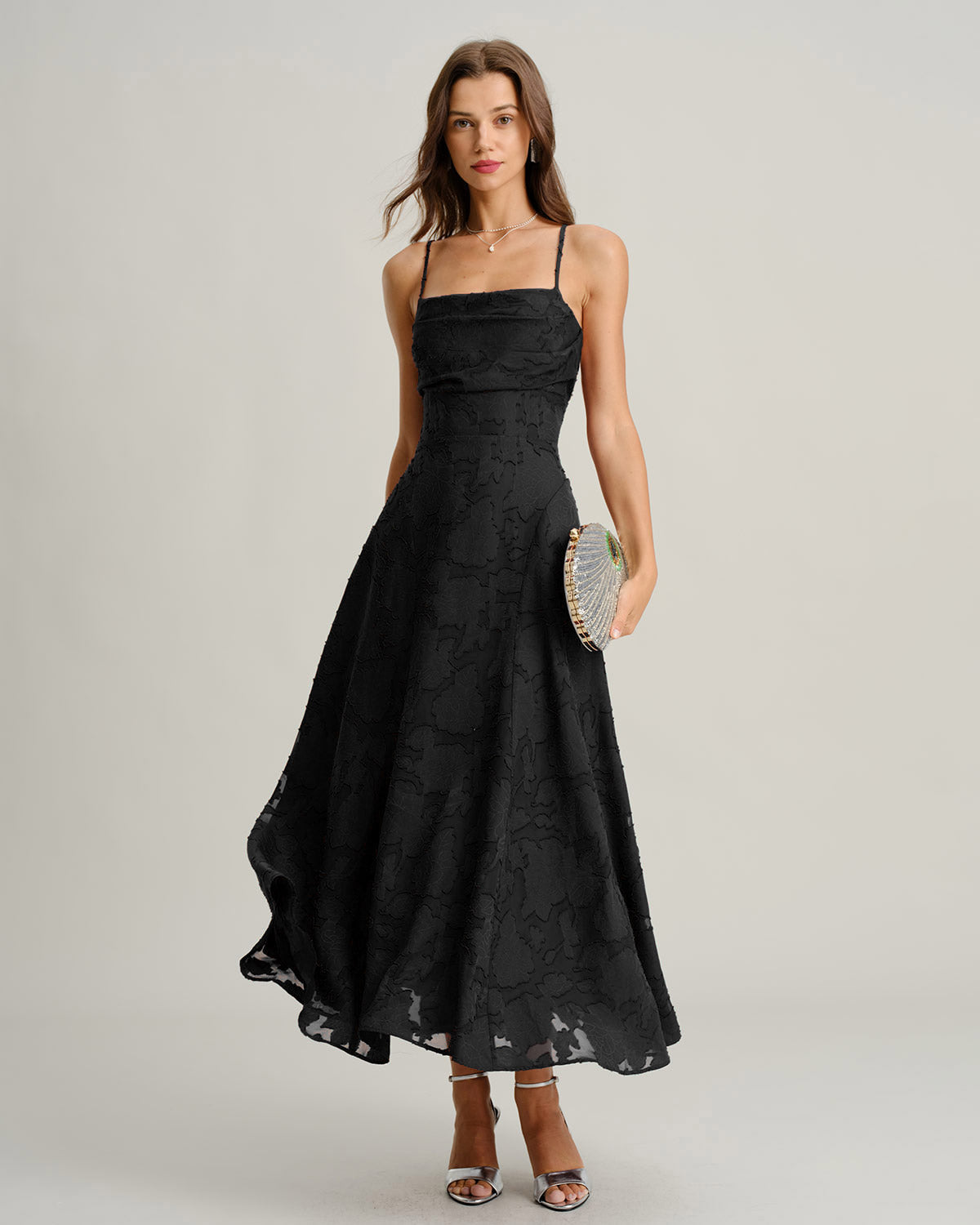 Women's Black Jacquard Slip Maxi Dress – Cowl Neck Evening Dress