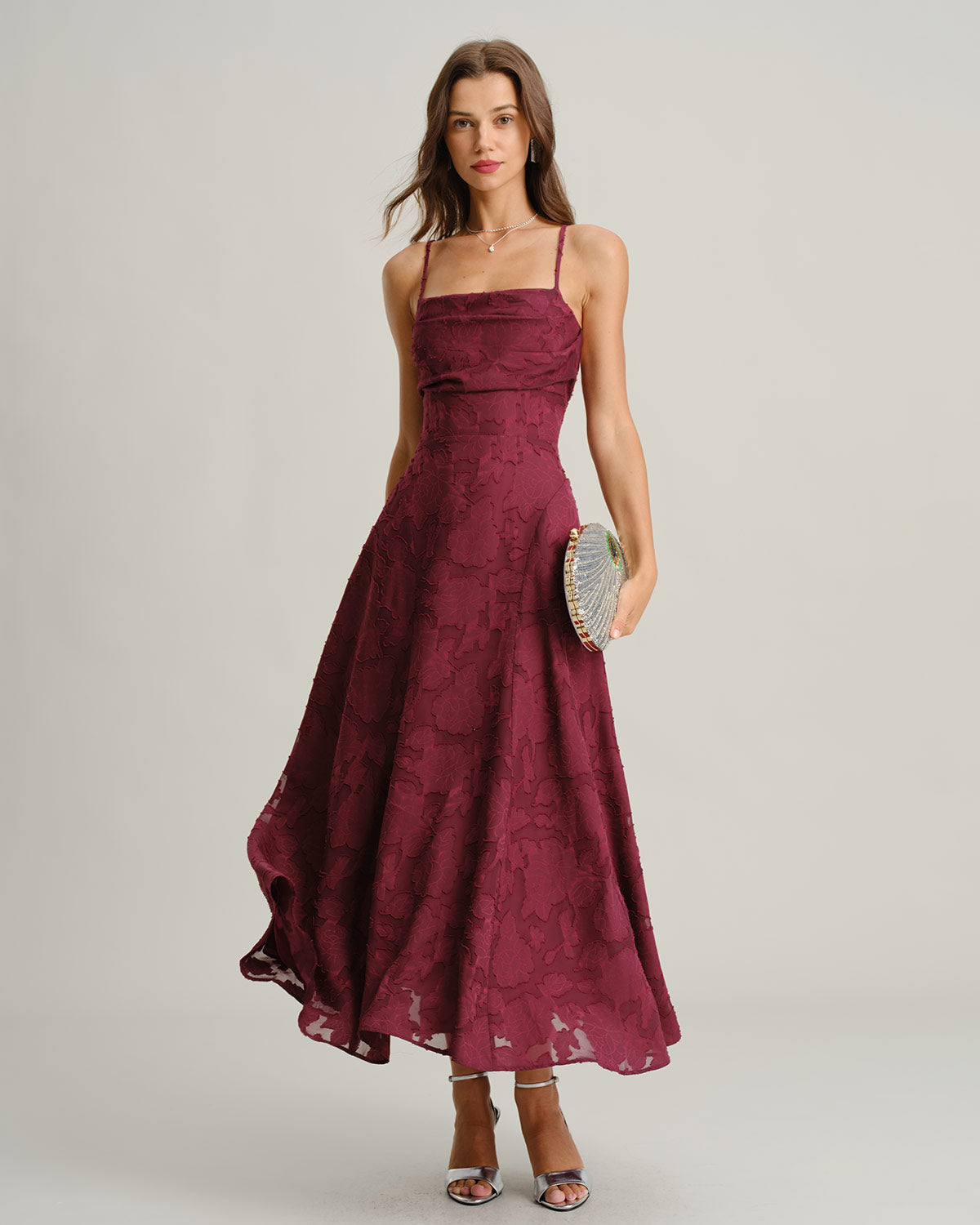 Women's Wine Red Jacquard Slip Maxi Dress – Elegant Evening Dress