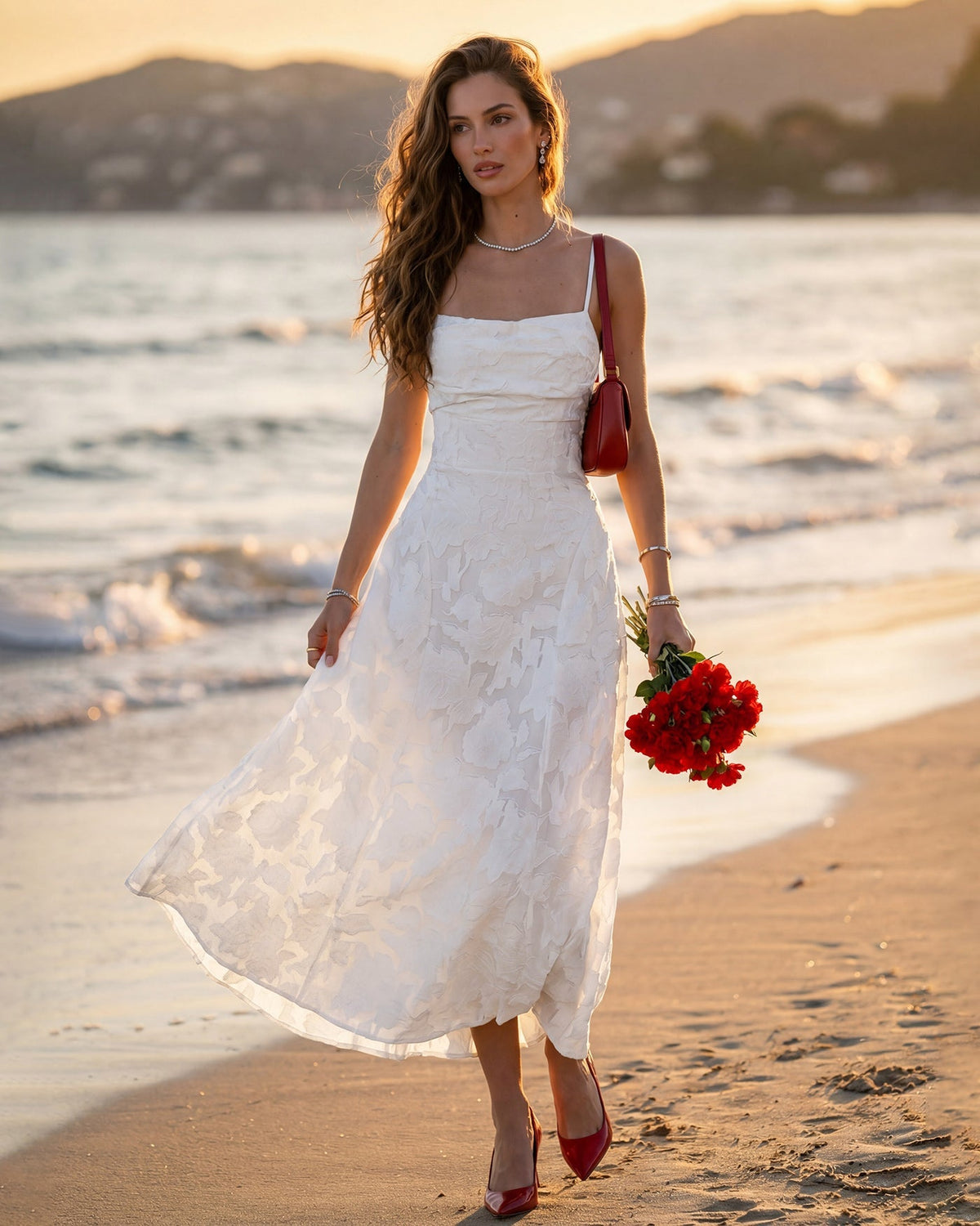 Women's Wine Red Jacquard Slip Maxi Dress – Elegant Evening Dress