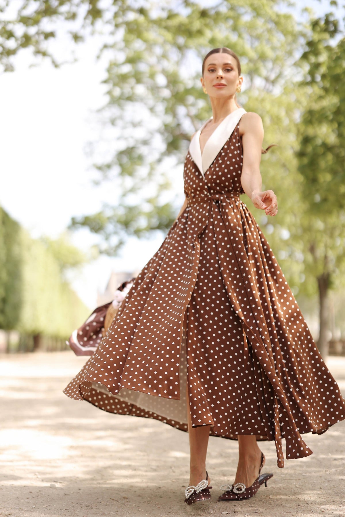 Women's Brown Polka Dot Wrap Dress – Tuxedo Style, Zipperless