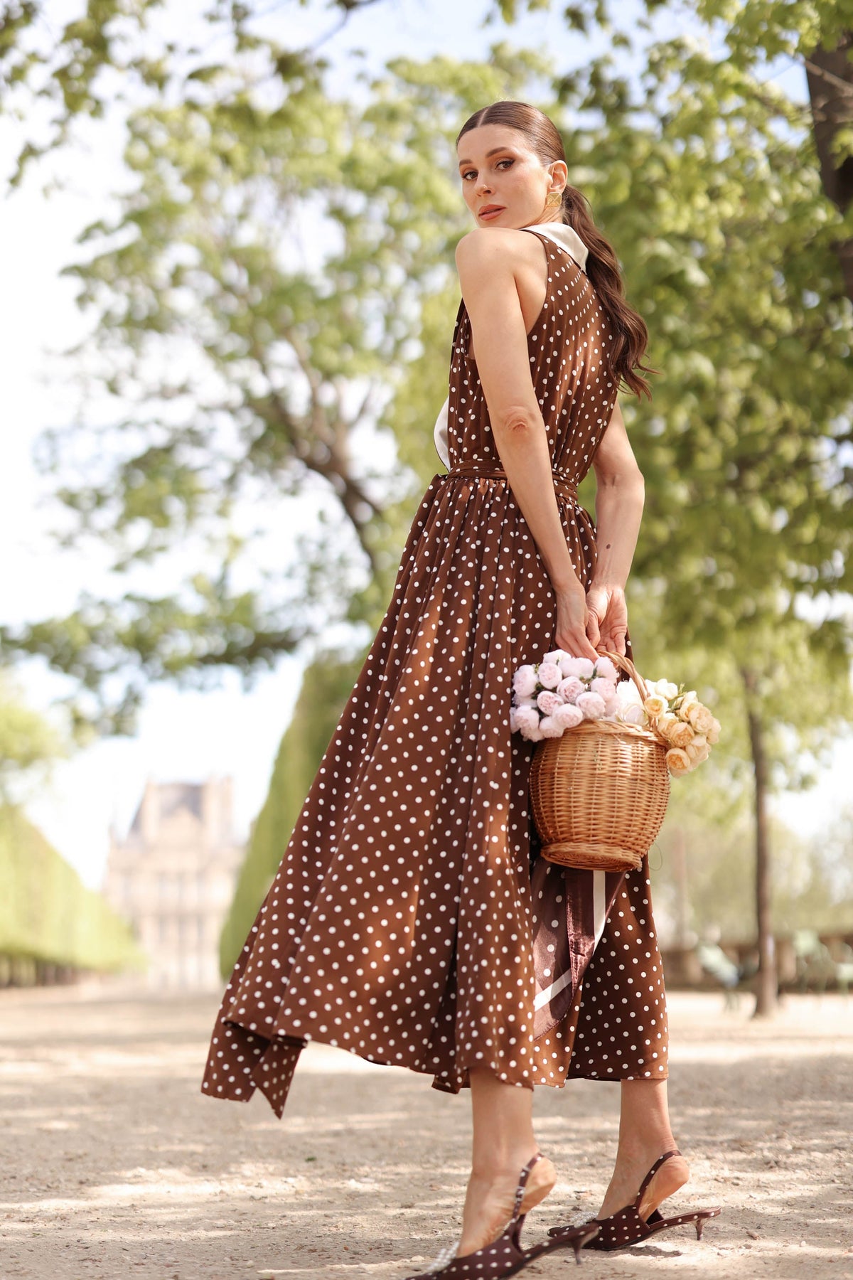 Women's Brown Polka Dot Wrap Dress – Tuxedo Style, Zipperless